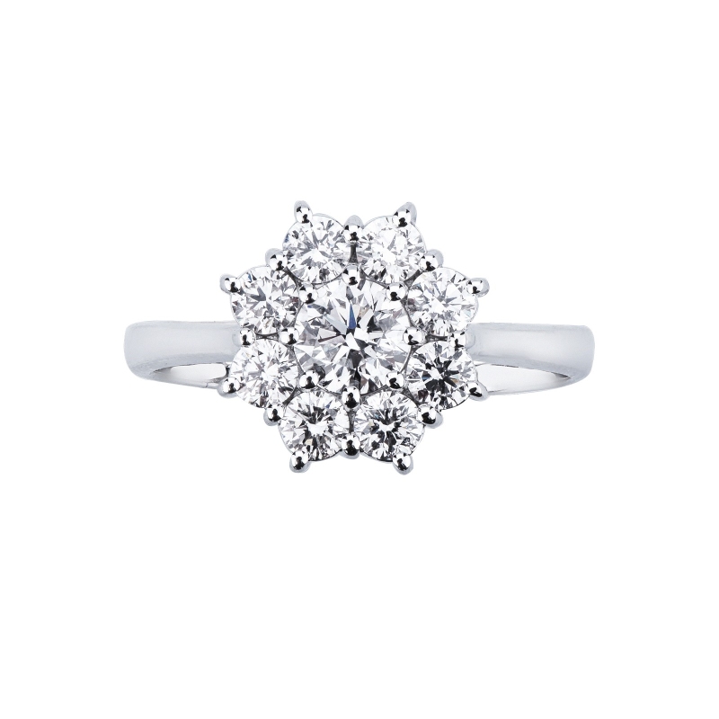 Bague halo en forme de fleur avec diamant central 0.50 ct or blanc 18k