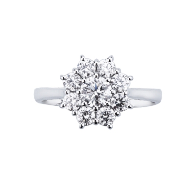 Bague halo en forme de fleur avec diamant central 0.50 ct or blanc 18k
