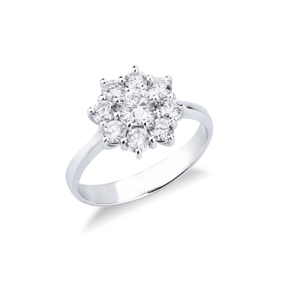 Bague halo en forme de fleur avec diamant central 0.50 ct or blanc 18k
