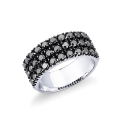 Bague bandeau en or blanc 18 carats avec 3 rangées de diamants noirs et pointes brunies