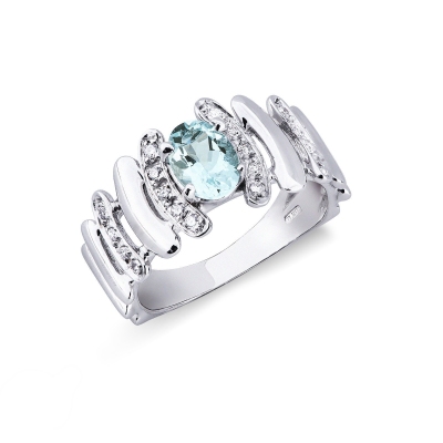 Bague bande en or blanc 18k avec aigue-marine et diamants