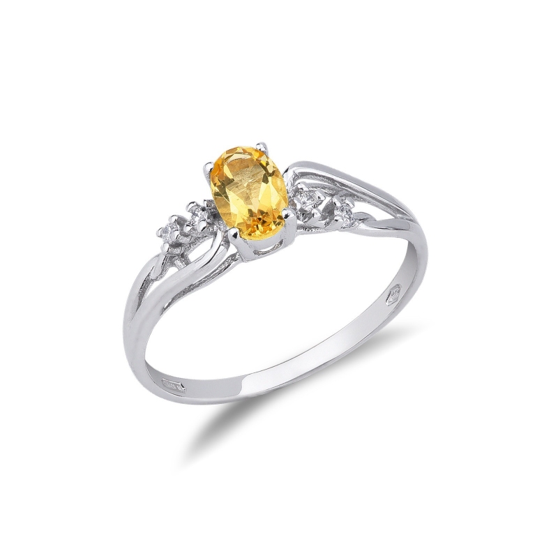Bague en Or Blanc 18k avec Citrine Ovale et Diamant