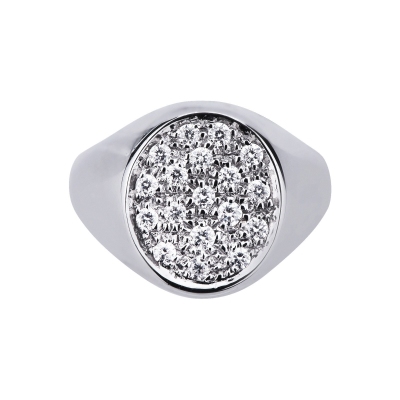 Chevalière ronde avec pavé de diamants et or blanc 18k homme