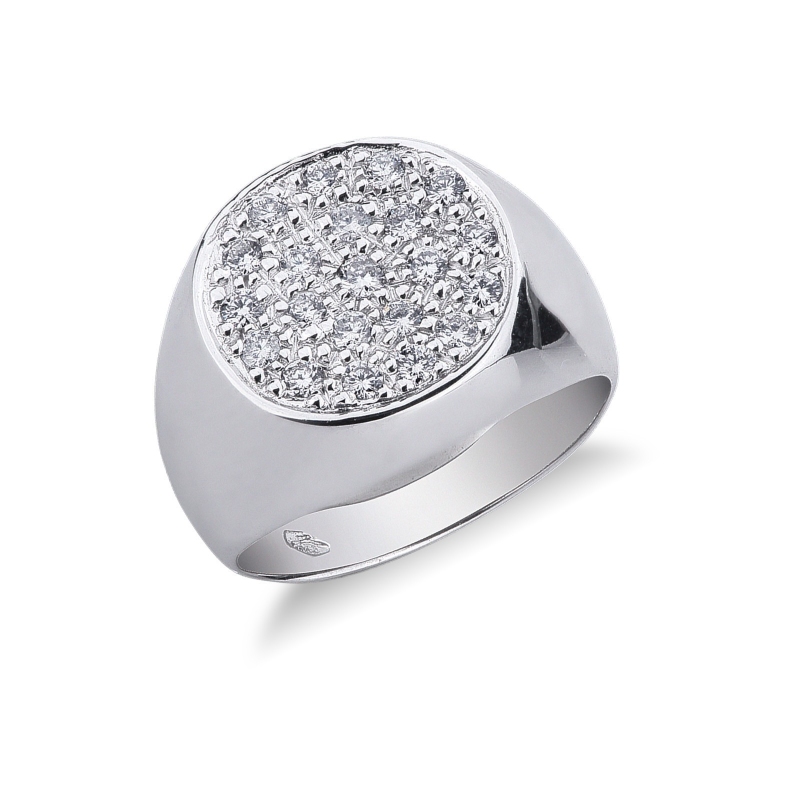 Chevalière en or blanc 18k  ronde avec pavé de diamants 