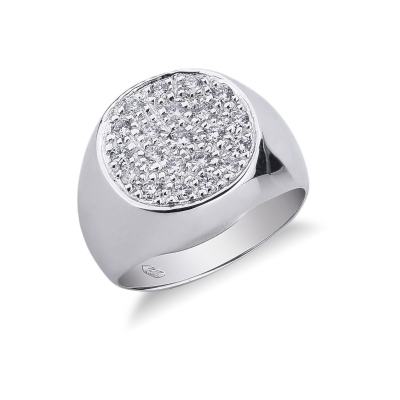 Chevalière homme ronde avec pavé diamants et or blanc 18k