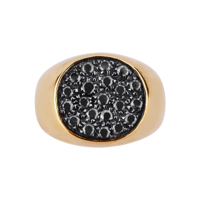 Bague homme pavé en or jaune 750 avec diamants noirs