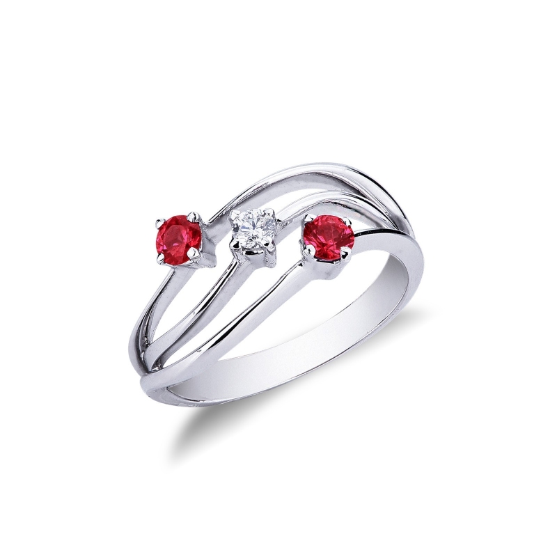 Bague trilogie en or blanc 18 k avec rubis et diamant