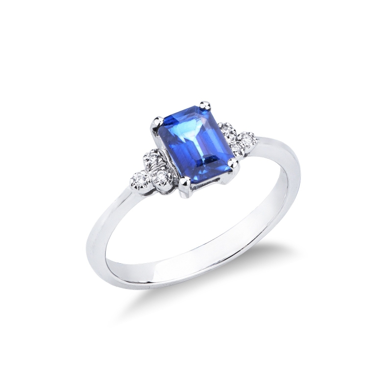 Bague femme or blanc 18k avec saphir bleu ovale et diamants