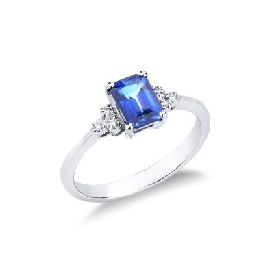 Bague femme or blanc 18k avec saphir bleu ovale et diamants