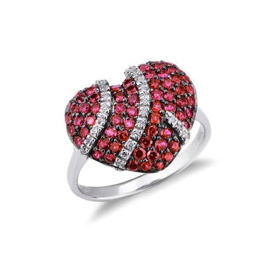 Bague avec cœur pavé de rubis et de diamants en or 18k