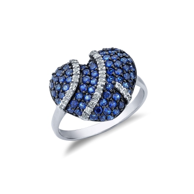 Bague en or blanc 18 carats avec un cœur pavé de saphirs bleus et diamants
