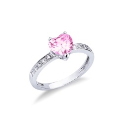 Bague en or blanc 18k avec un saphir rose en forme de cœur et des diamants sur la monture