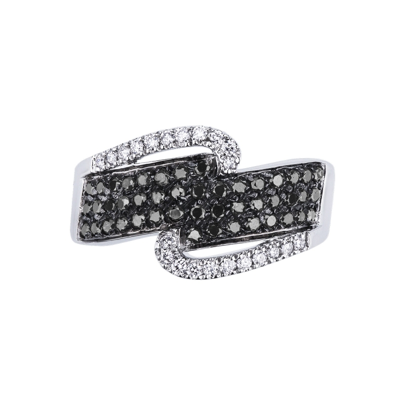 Bague en or blanc 18 carats avec pavé de diamants noirs et double rangée de diamants blancs