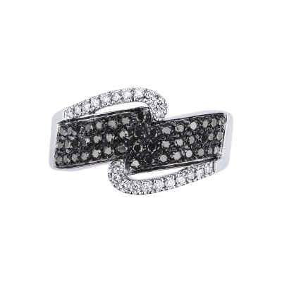 Bague en or blanc 18 carats avec pavé de diamants noirs et double rangée de diamants blancs