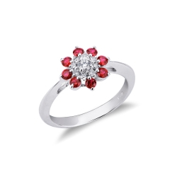 Bague fleur en or blanc 18k avec diamants et rubis
