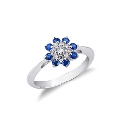 Bague fleur Or Blanc 18k avec Diamants et Saphirs Bleus