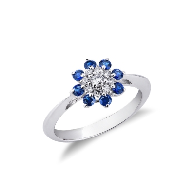 Bague fleur Or Blanc 18k avec Diamants et Saphirs Bleus