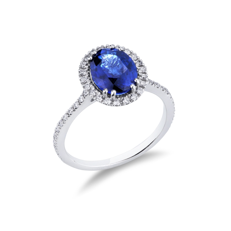 Bague en or blanc avec saphir bleu ovale et diamants