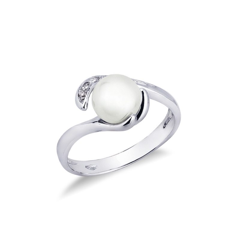 Bague contrarié en or blanc 18k avec perle et diamants