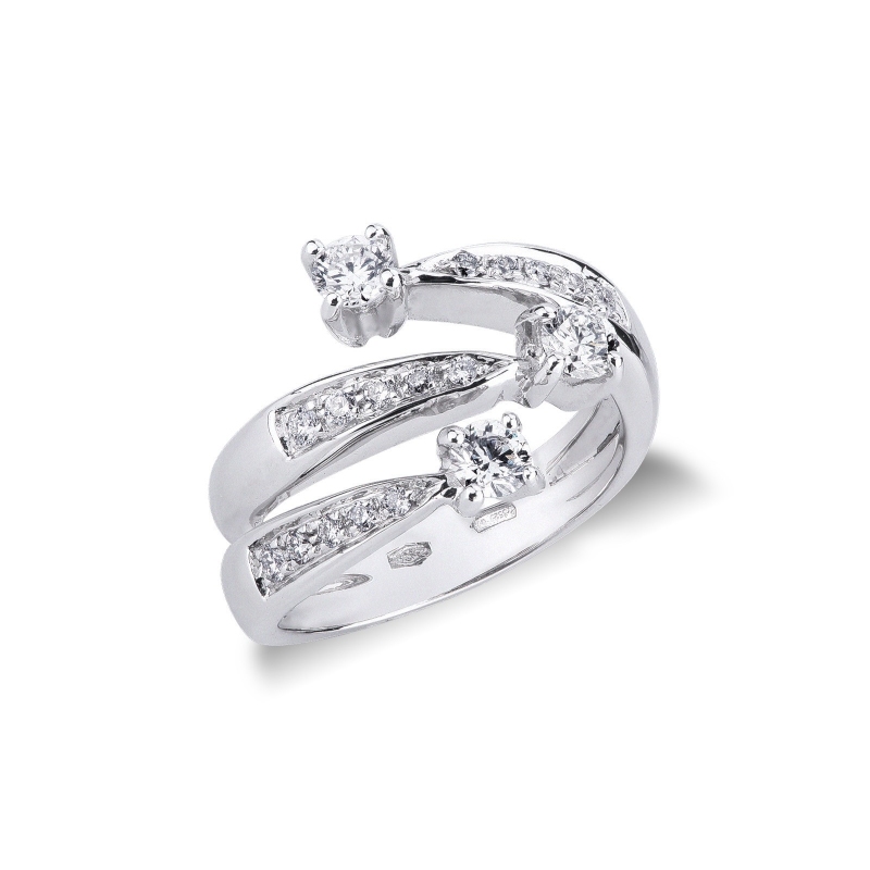 Bague trois rangs toi et moi en or blanc 750 avec diamants