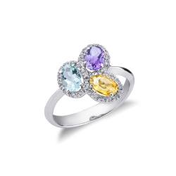 Bague en or blanc 18 carats avec citrine, améthyste et aigue-marine