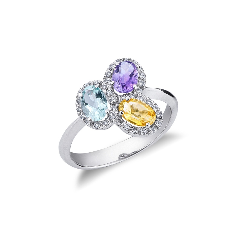 Bague en or blanc 18 carats avec citrine, améthyste et aigue-marine