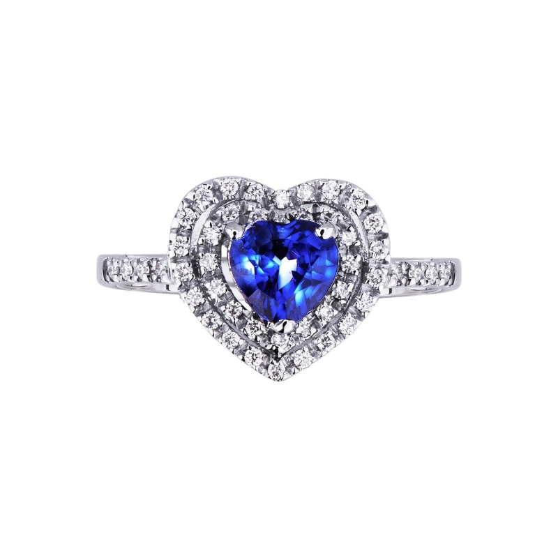 Bague coeur halo en or blanc 18 carats et saphir bleu 