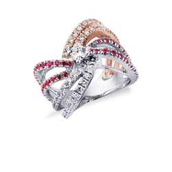 Bague jonc en or blanc et rose avec diamants et rubis