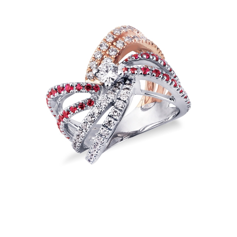 Bague jonc en or blanc et rose avec diamants et rubis