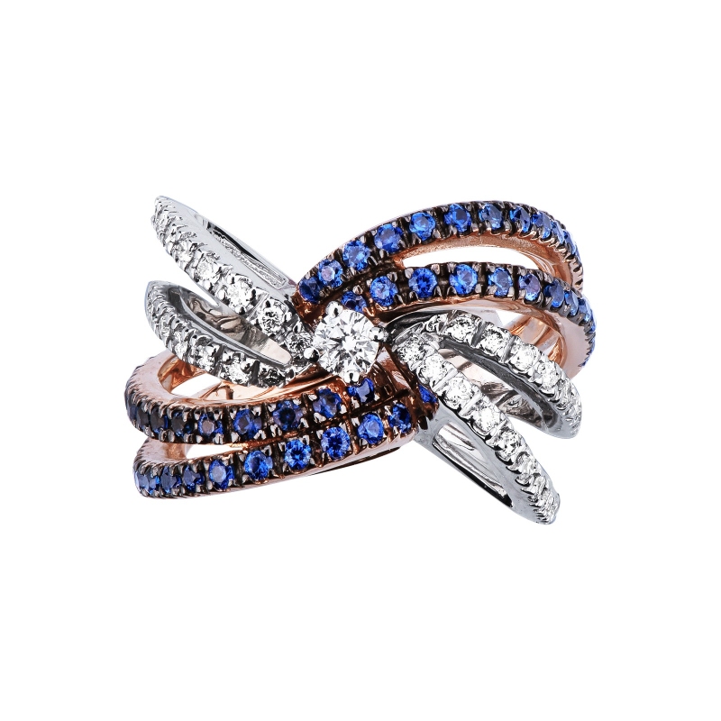 Bague jonc en or blanc et rose avec diamants et saphirs