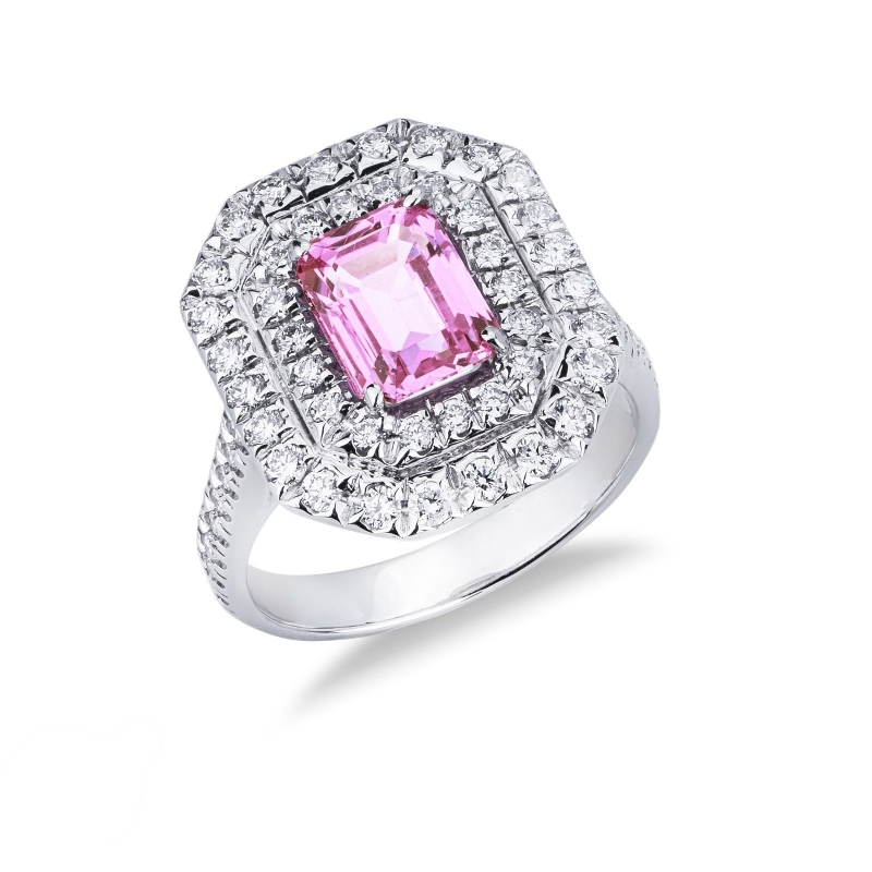 Bague en or blanc 18k avec saphir rose rectangulaire et diamants