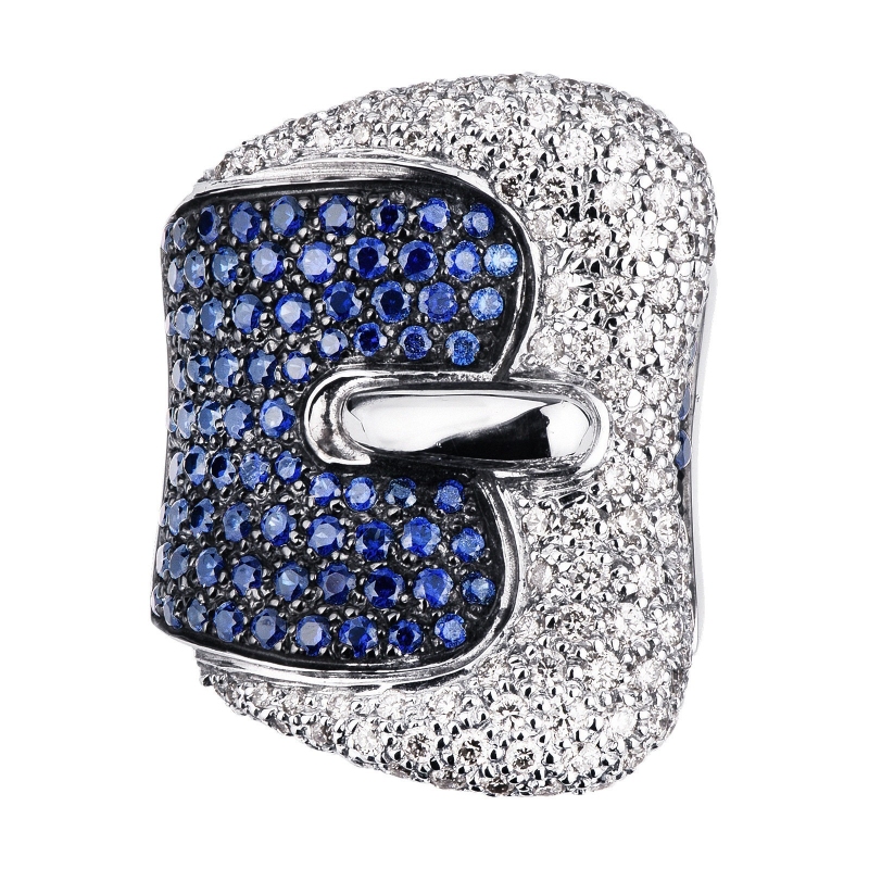 Bague en Or Blanc 18k avec diamants et saphirs bleus