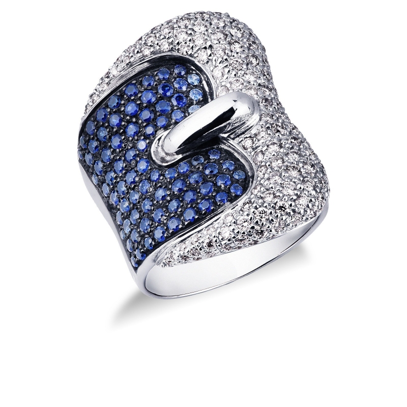 Bague en Or Blanc 18k avec diamants et saphirs bleus