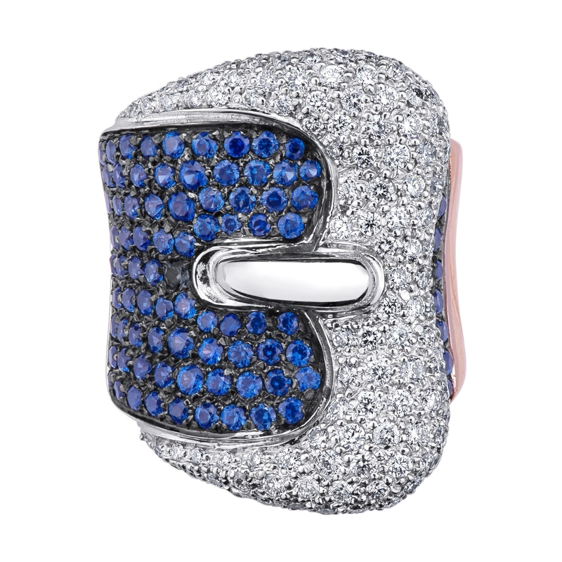 Bague en Or Blanc et Rose 18k avec diamants et saphirs bleus