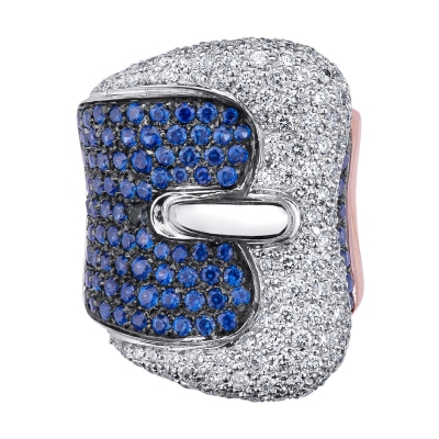 Bague en Or Blanc et Rose 18k avec diamants et saphirs bleus