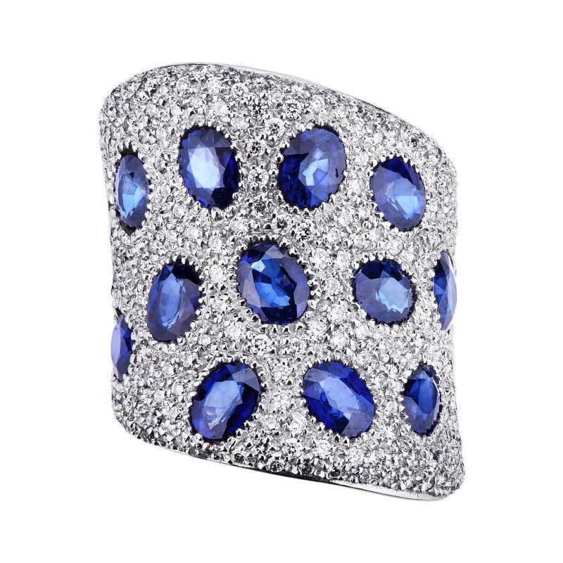 Bague pavé en or blanc 18k saphirs bleus et pavé de diamants