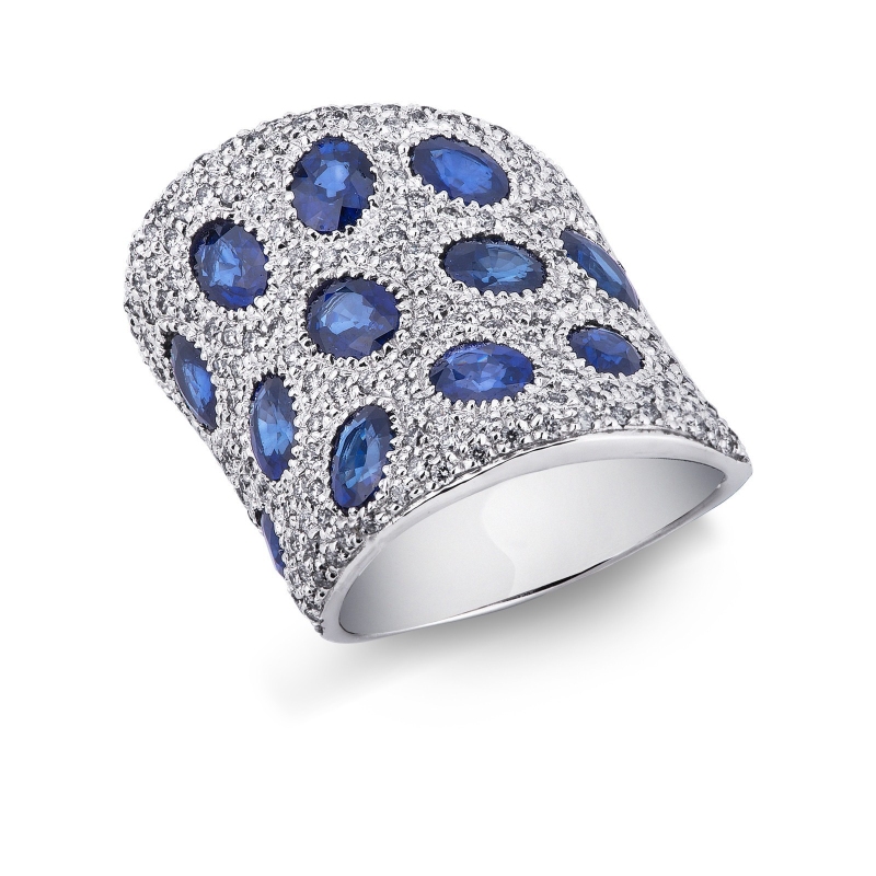 Bague pavé en or blanc 18k saphirs bleus et pavé de diamants