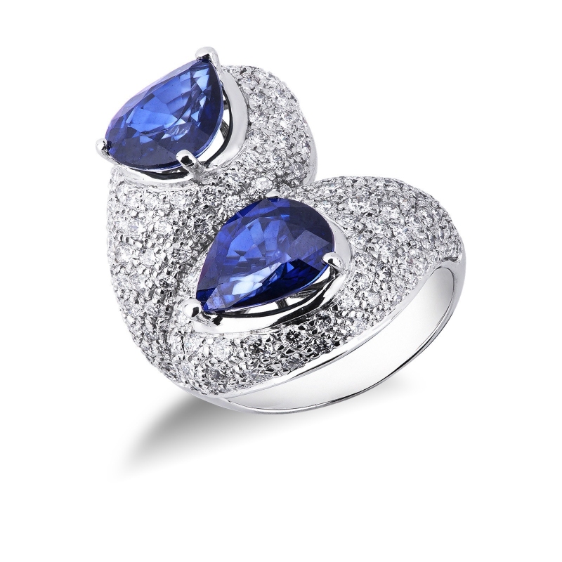 Bague Toi et Moi en Or Blanc 18k avec Saphirs Bleus et pavé Diamants
