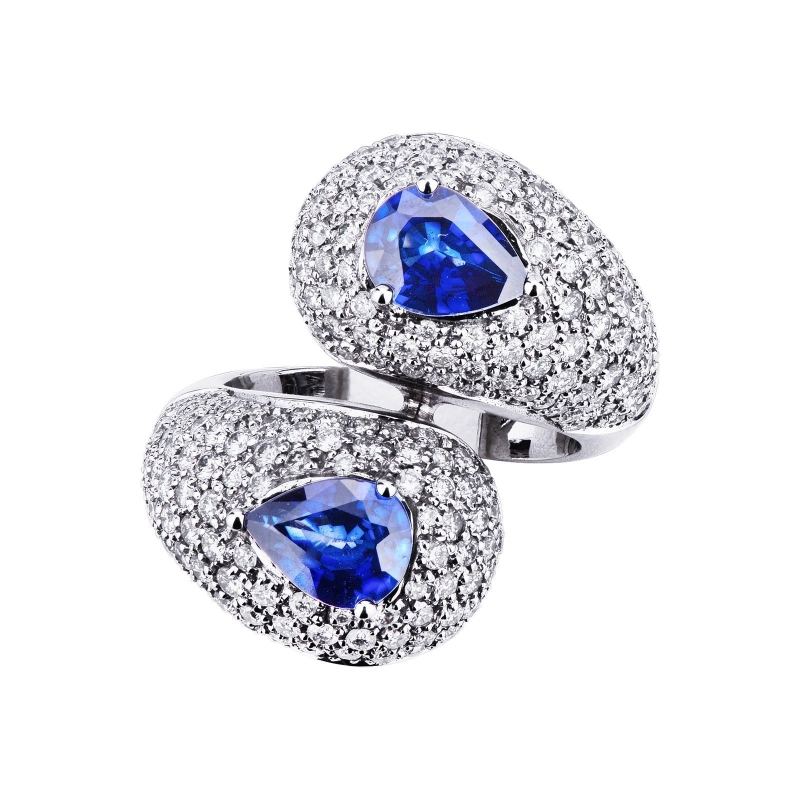 Bague Toi et Moi en Or Blanc 18k avec Saphirs Bleus et Diamants