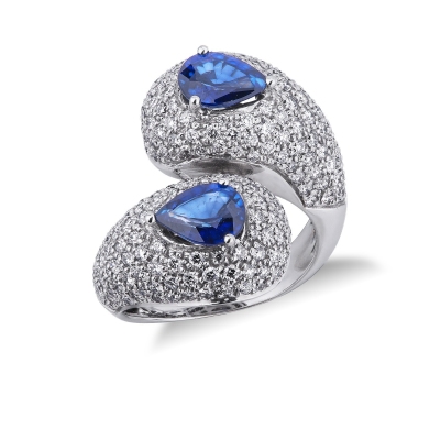 Bague Toi et Moi en Or Blanc 18k avec Saphirs Bleus et Diamants