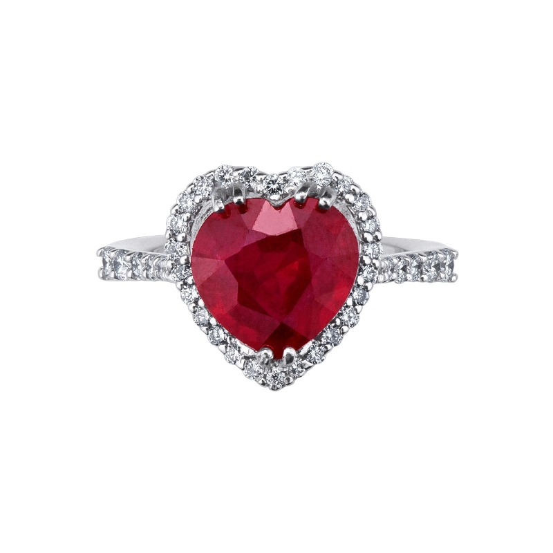 Bague rubis en forme de coeur et diamants en or blanc 18k