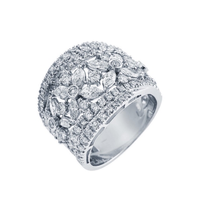 Bague large en or blanc 18k, sertie de diamants motif fleur