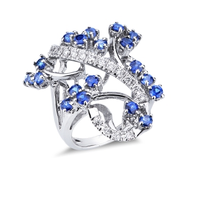 Bague fantaisie en or blanc 18k avec saphirs bleus et diamants