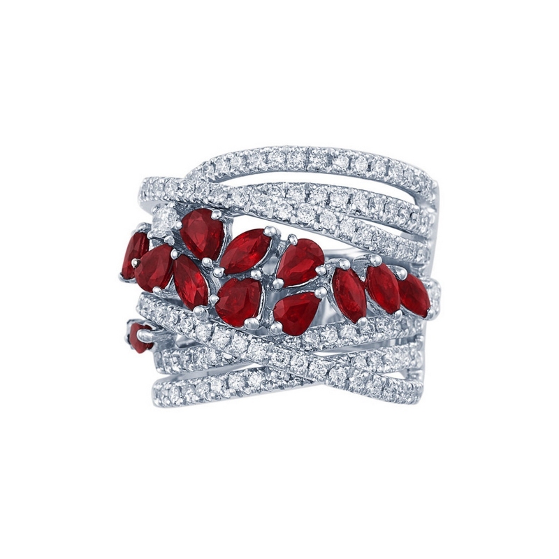Bague or blanc 18k rubis navette et goutte avec diamants