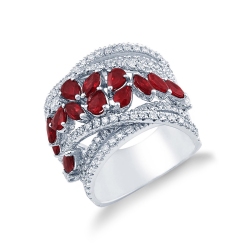 Bague or blanc 18k rubis navette et goutte avec diamants