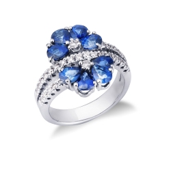 Bague en or blanc?18k avec saphirs bleus et diamants effet pétales