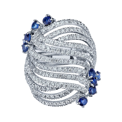 Bague bandeau en or blanc 18k avec saphirs bleus et diamants
