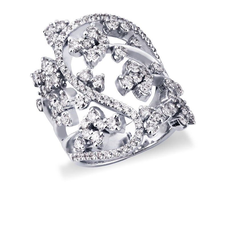 Bague Bandeau en or blanc 18k avec diamants sertis en forme de fleur