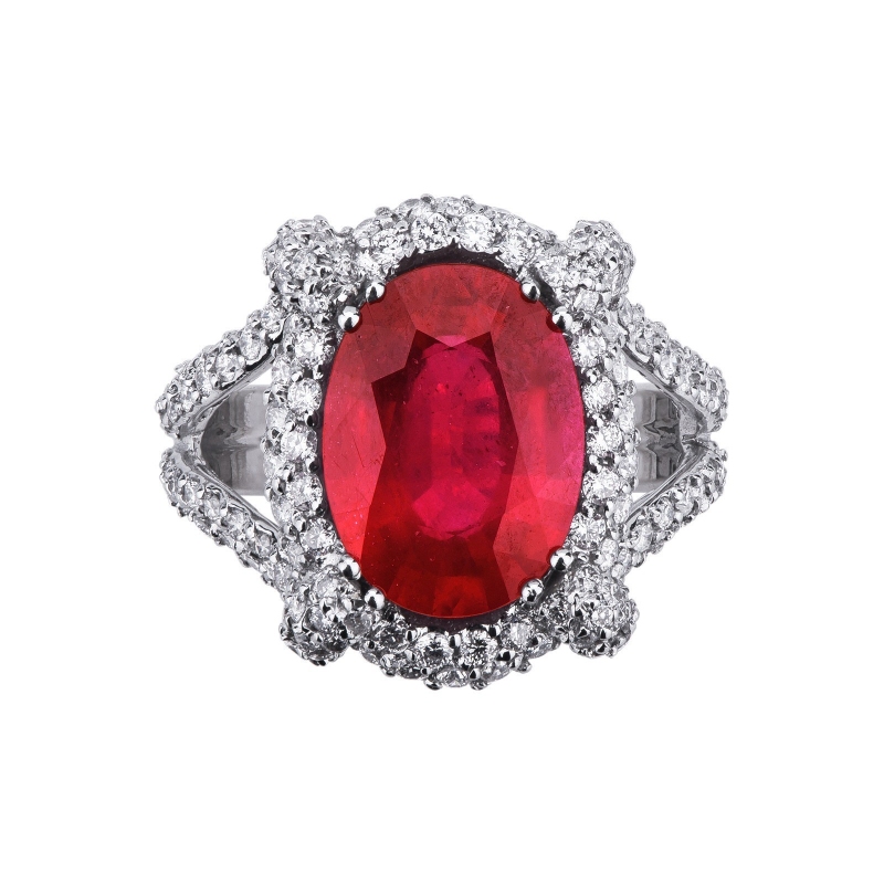 Bague rubis entourage diamants monture or blanc 750