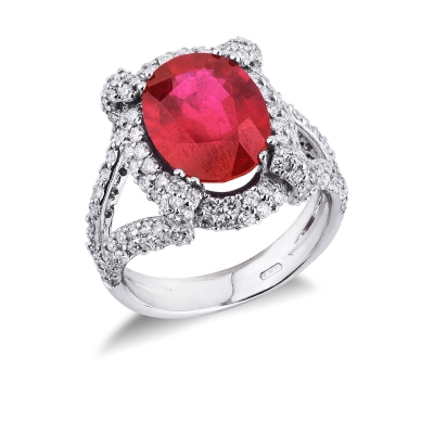Bague rubis entourage diamants monture or blanc 750